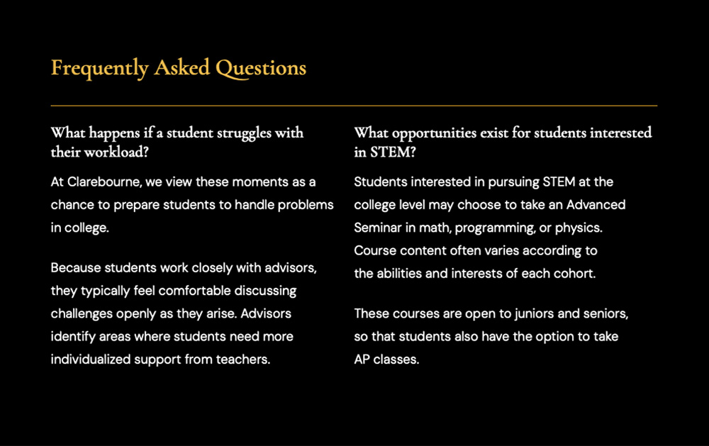 An FAQ section from the Clarebourne academy demo website