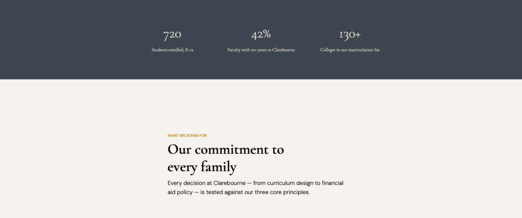 A screenshot from the Clarebourne Academy homepage to show the use of grey sections and Cormorant Garamont in the headers against a paper-toned background.
