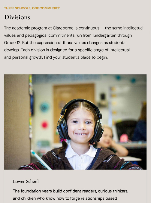 A smiling lower school student in a screenshot of a card component from a demo school website that shows how it looks on mobile.